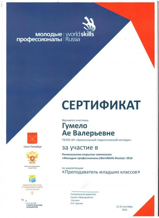 Сертификат за участие, Гумело Ая Валерьевна, WorldSkils Russia