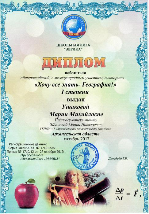 Диплом победителя общероссийской викторины Хочу все знать -География! выдан Ушаковой Марии