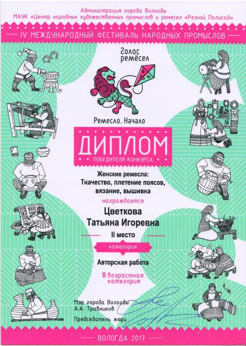 Диплом 2 степени, в номинации авторская работа, IV Международного фестиваля народных ремесел - Цветковой Татьяне