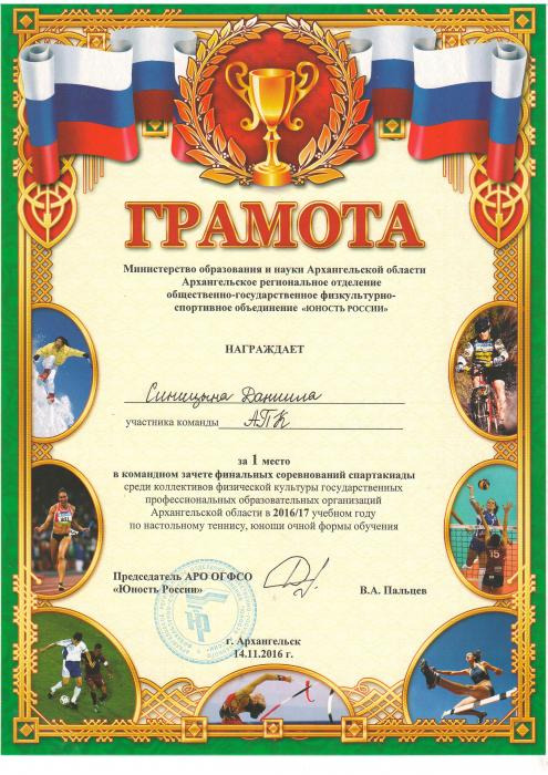 Грамота Синицына Даниила. За 1 место в командном зачете финальных соревнований спартакиады.