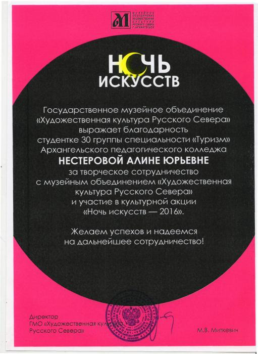 Благодарность Нестеровой А.Ю. за участие в ночи искусств.