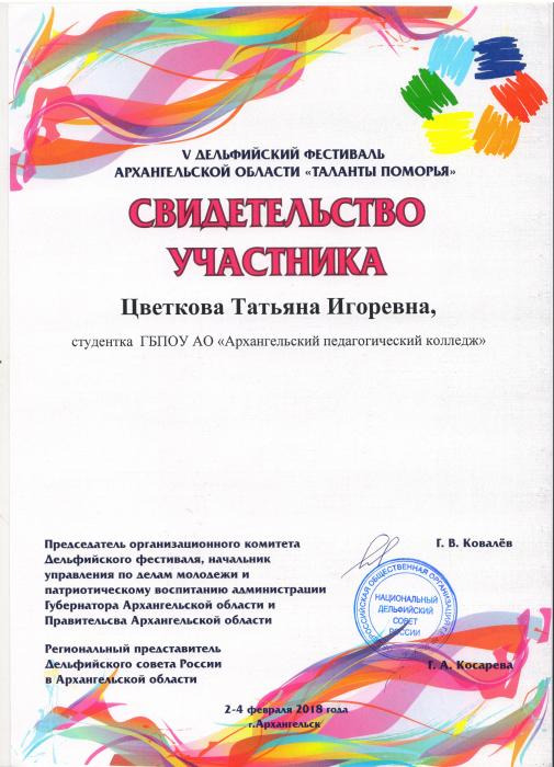Свидетельство участника фестиваля Таланты Поморья Цветковой Т.И.