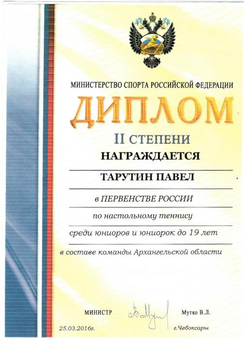 Диплом 2 степени Тарутину Павлу за участие в первенстве России по настольному теннису