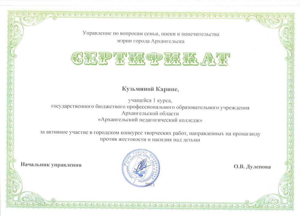 Сертификат Кузьминой Карине