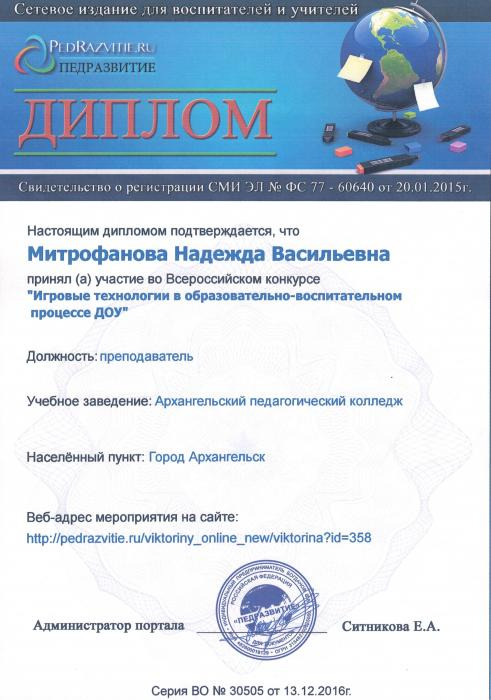 Диплом Митрофановой Н.В. за участие в конкурсе Игровые технологии в образвотельно-воспитательном процессе ДОУ