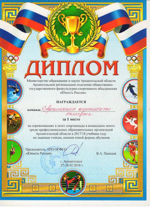 Диплом за 1 место команде колледжа по лыжным гонкам (юноши)
