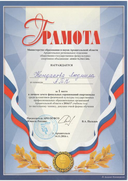 Грамота Кондаповой Людмилы за 1 место в личном зачете финальных соревнований спартакиады.