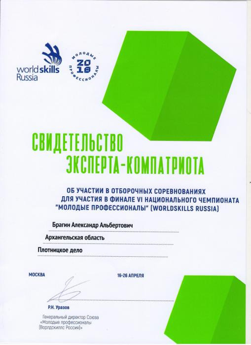 Свидельство эксперта-компатриота Брагина А.А. об участии в отборочных соревнованиях для участия в финале VI национального чемпионата Молодые профессионалы г.Москва