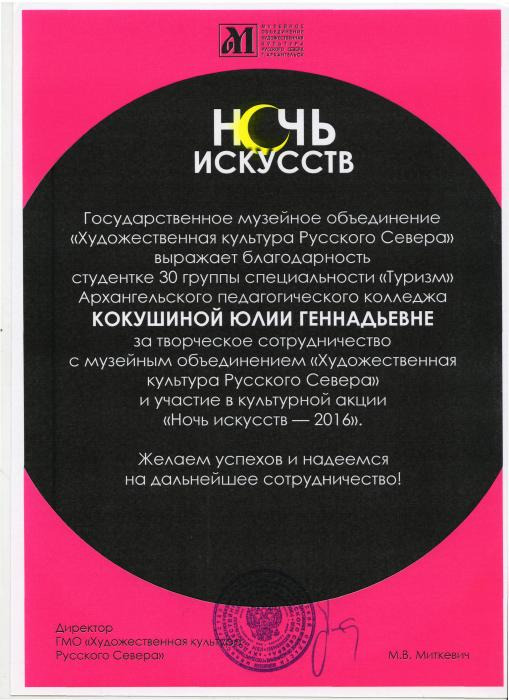 Благодарность Кокушиной Ю.Г. за участие в ночи искусств.