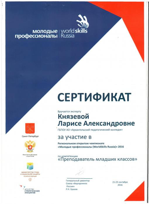 Сертификат за участие, Князева Лариса Александровна, WorldSkils Russia