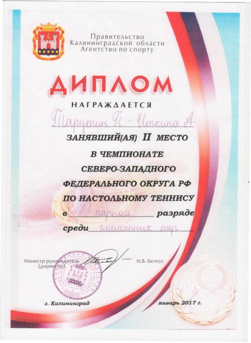 Диплом Татурину П. и Иткиной А за Второе место в чемпионате по настольному теннису в парном разряде среди смешанных пар