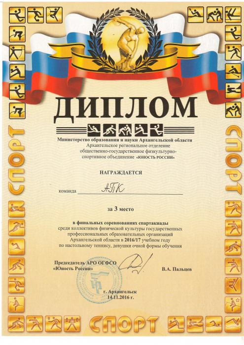 Диплом команды АПК. За 3 место в финальных соревнованиях спартакиады.