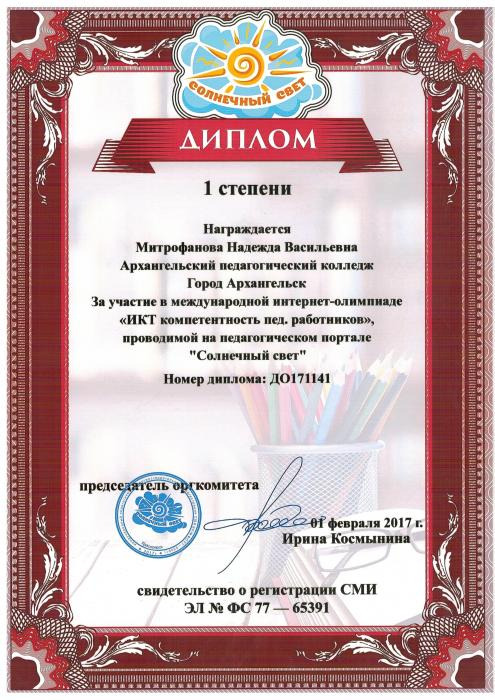 Диплом I степени Митрофановой Н.В, за участие в международной интернет-олимпиаде ИКТ компетентность пед. работников