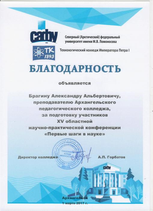 Благодарность А.А.Брагину за подготовку участника областной НПК Первые шаги в науке